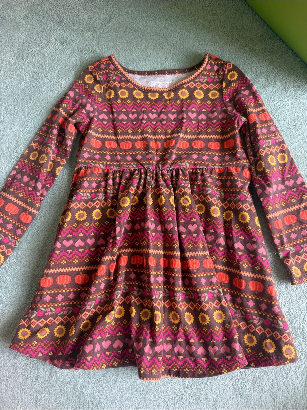 Kids Long Sleeve Fall Print Dress - Pink, Orange & Brown